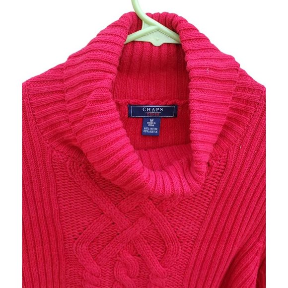 Chaps Ferrari Red Cable Knit Sweater Extra Long Sleeves Turtleneck Cotton Poly M - Picture 2 of 3